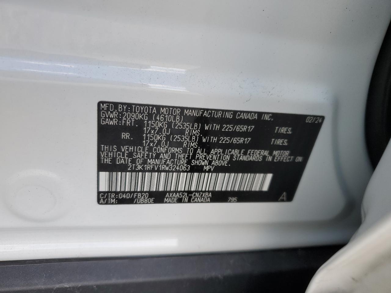 2024 TOYOTA RAV4 LE VIN:2T3K1RFV1RW324063