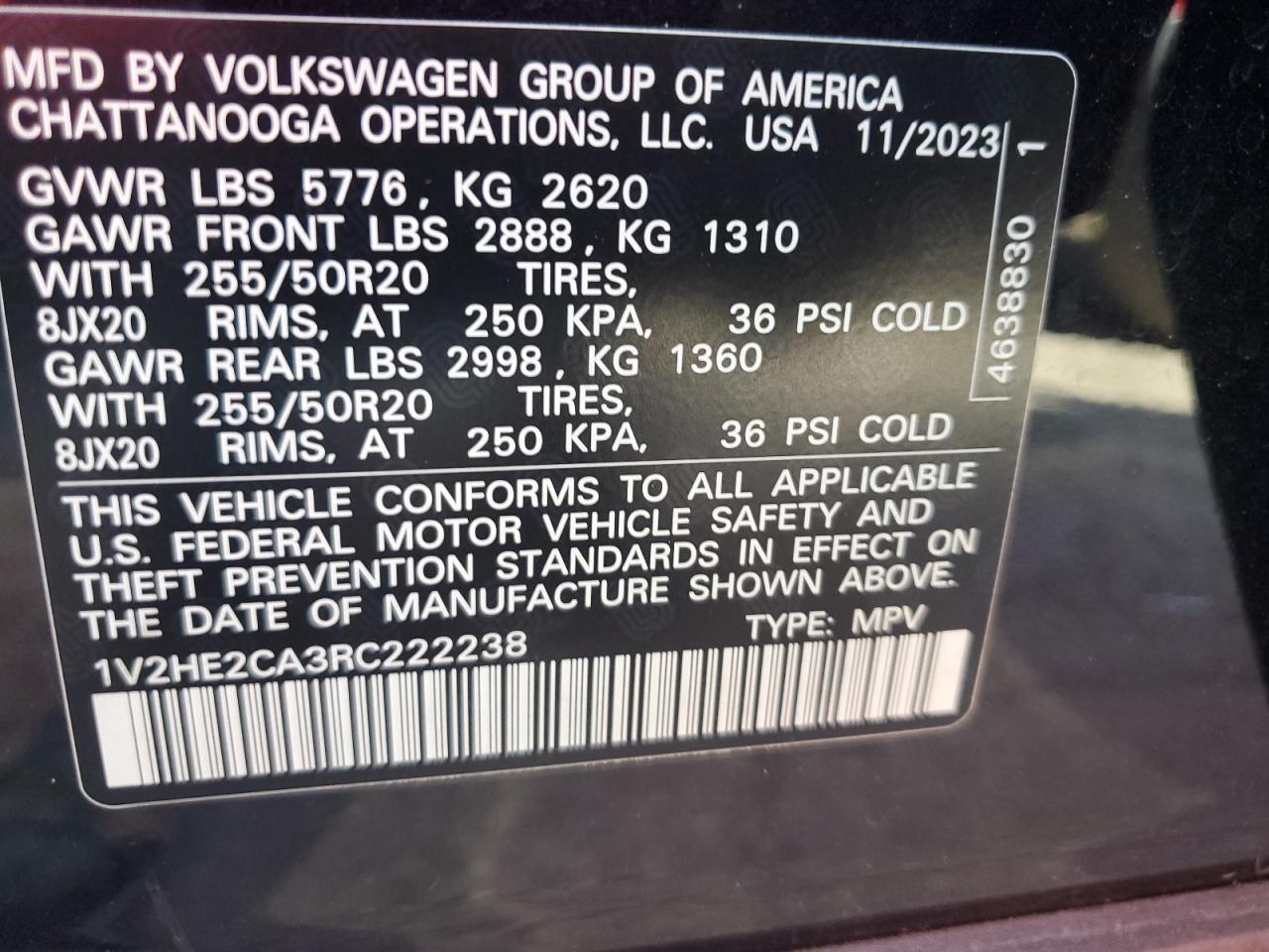 2024 VOLKSWAGEN ATLAS CROSS SPORT SE VIN:1V2HE2CA3RC222238