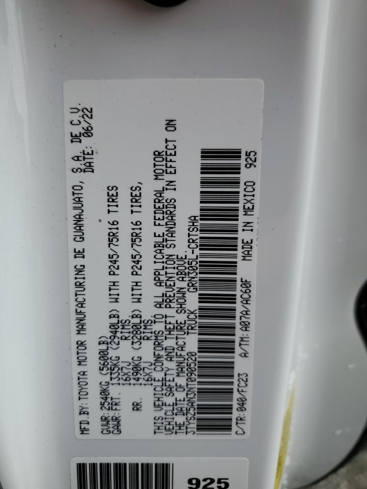 2022 TOYOTA TACOMA ACCESS CAB VIN:3TYSZ5AN3NT090520