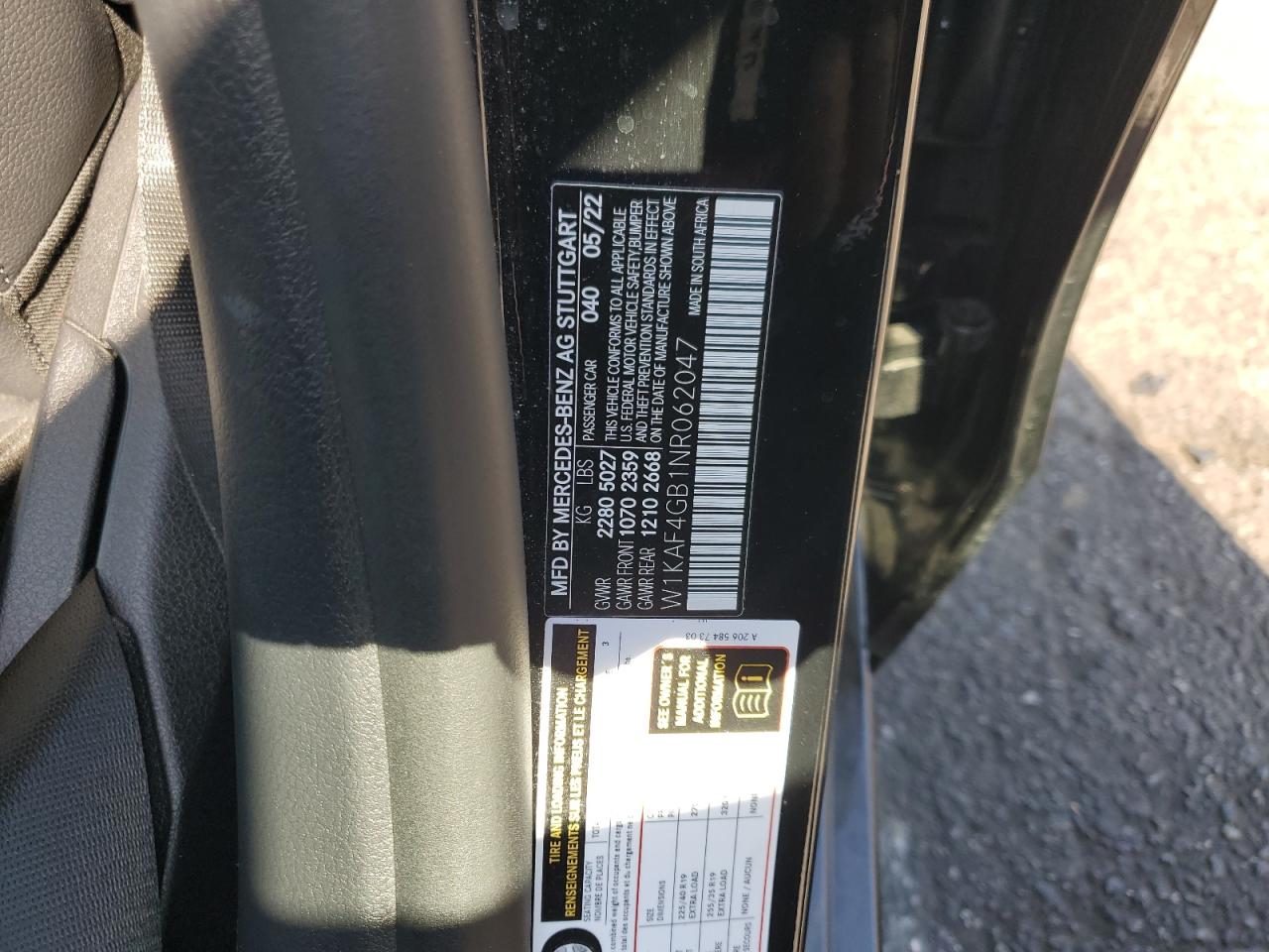 2022 MERCEDES-BENZ C 300 VIN:W1KAF4GB1NR062047