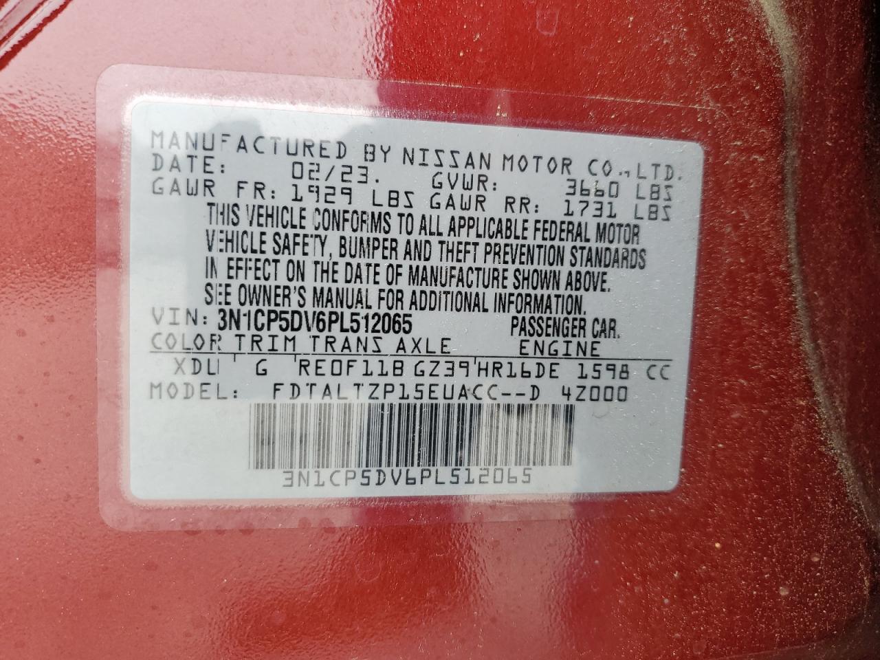 2023 NISSAN KICKS SR VIN:3N1CP5DV6PL512065