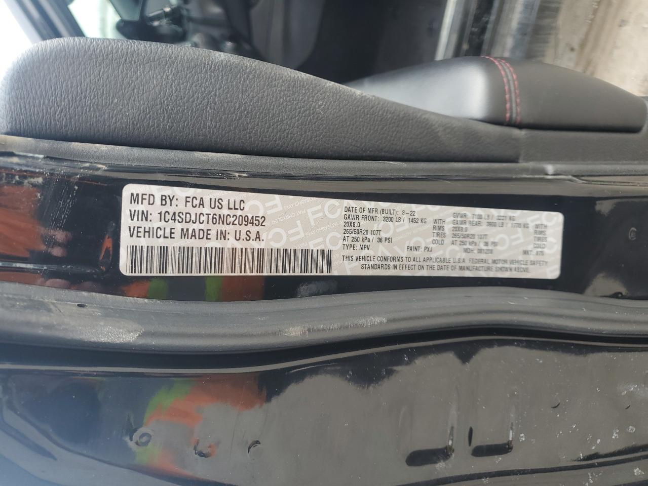 2022 DODGE DURANGO R/T VIN:1C4SDJCT6NC209452