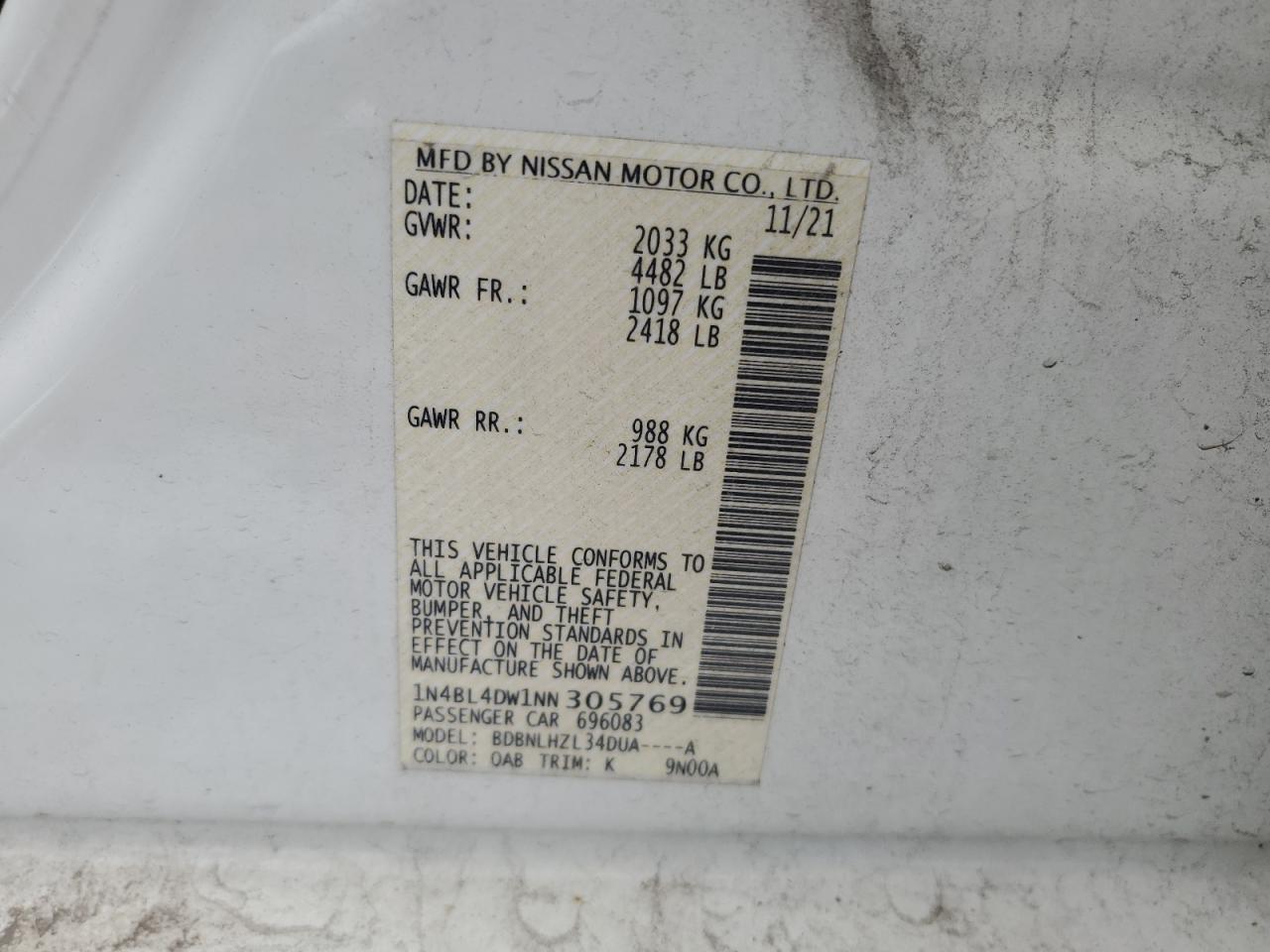 2022 NISSAN ALTIMA SV VIN:1N4BL4DW1NN305769