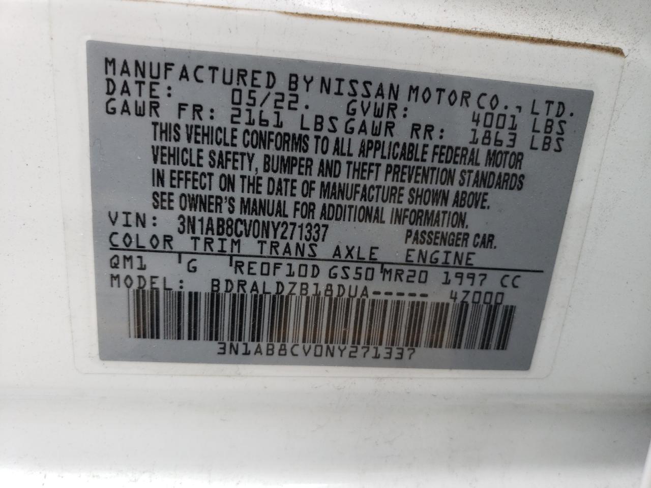 2022 NISSAN SENTRA SV VIN:3N1AB8CV0NY271337