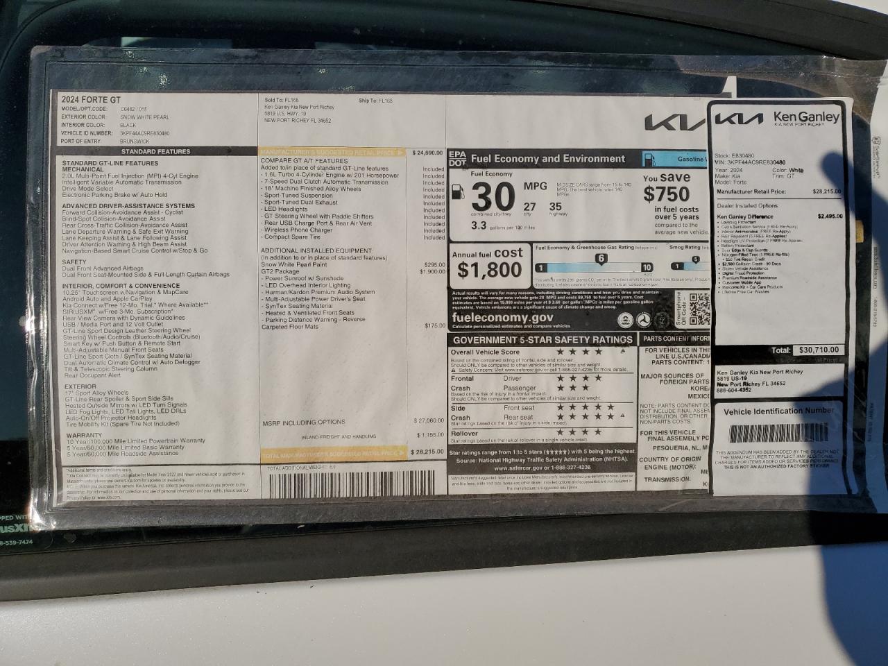 2024 KIA FORTE GT VIN:3KPF44AC9RE830480
