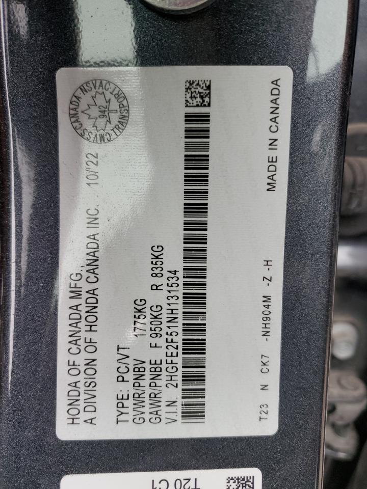 2022 HONDA CIVIC SPORT VIN:2HGFE2F51NH131534
