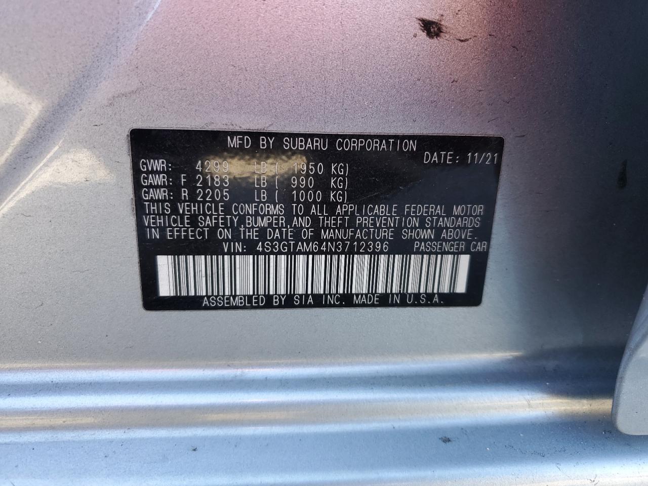 2022 SUBARU IMPREZA SPORT VIN:4S3GTAM64N3712396