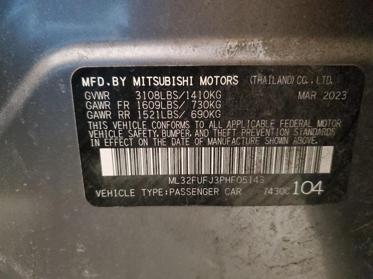 2023 MITSUBISHI MIRAGE G4 ES VIN:ML32FUFJ3PHF05143