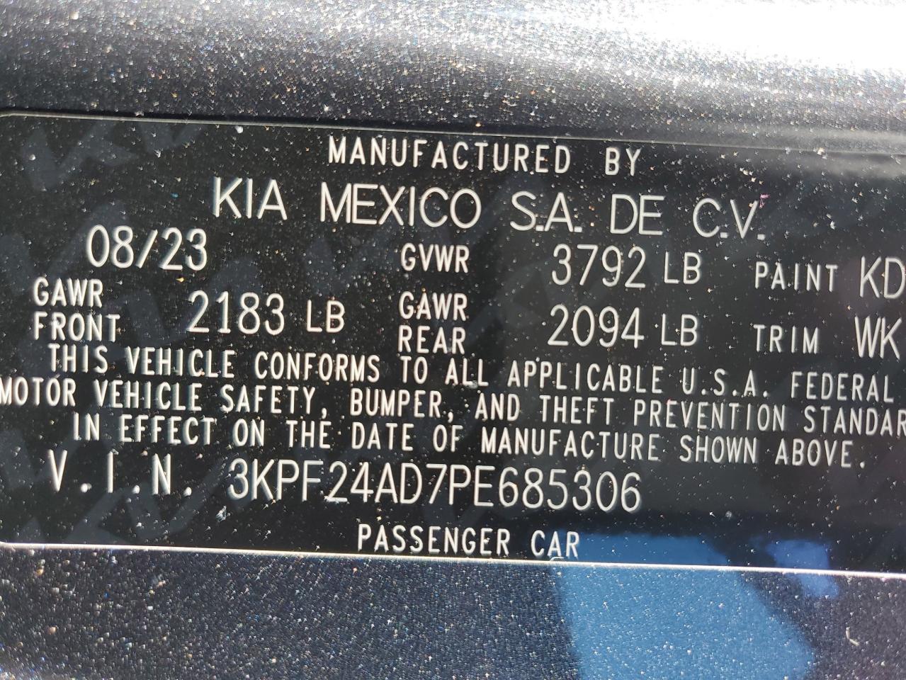 2023 KIA FORTE LX VIN:3KPF24AD7PE685306