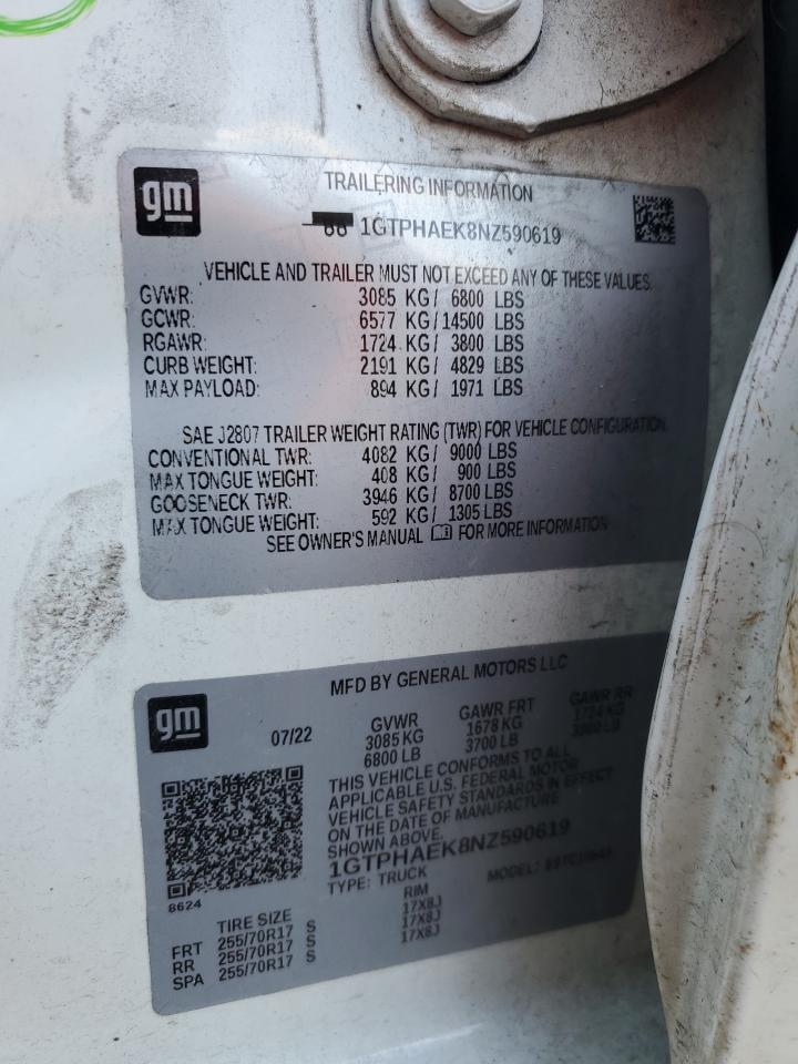2022 GMC SIERRA C1500 VIN:1GTPHAEK8NZ590619