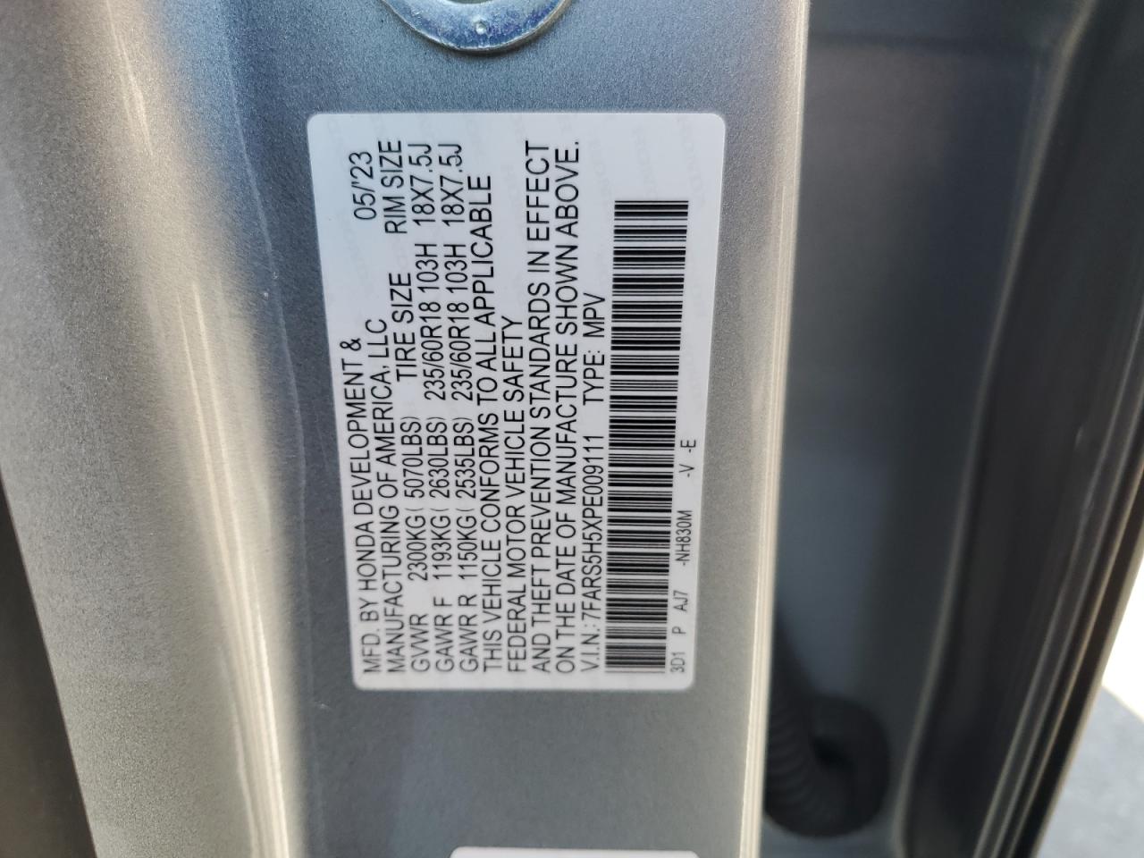 2023 HONDA CR-V SPORT VIN:7FARS5H5XPE009111