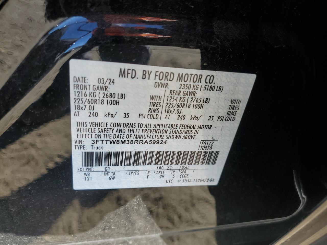2024 FORD MAVERICK LARIAT VIN:3FTTW8M38RRA59924