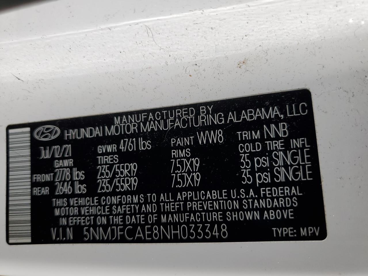 2022 HYUNDAI TUCSON SEL VIN:5NMJFCAE8NH033348