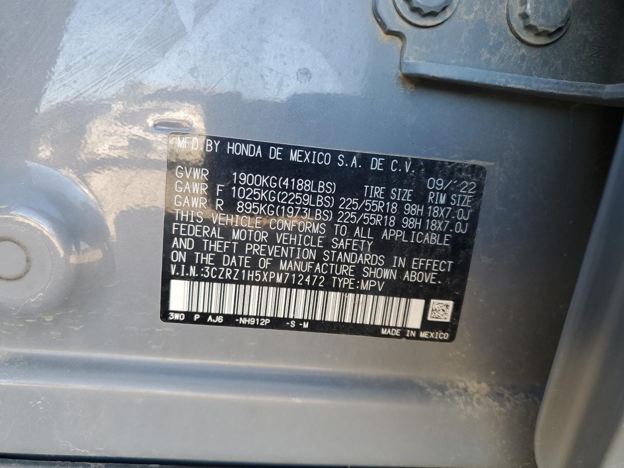 2023 HONDA HR-V SPORT VIN:3CZRZ1H5XPM712472