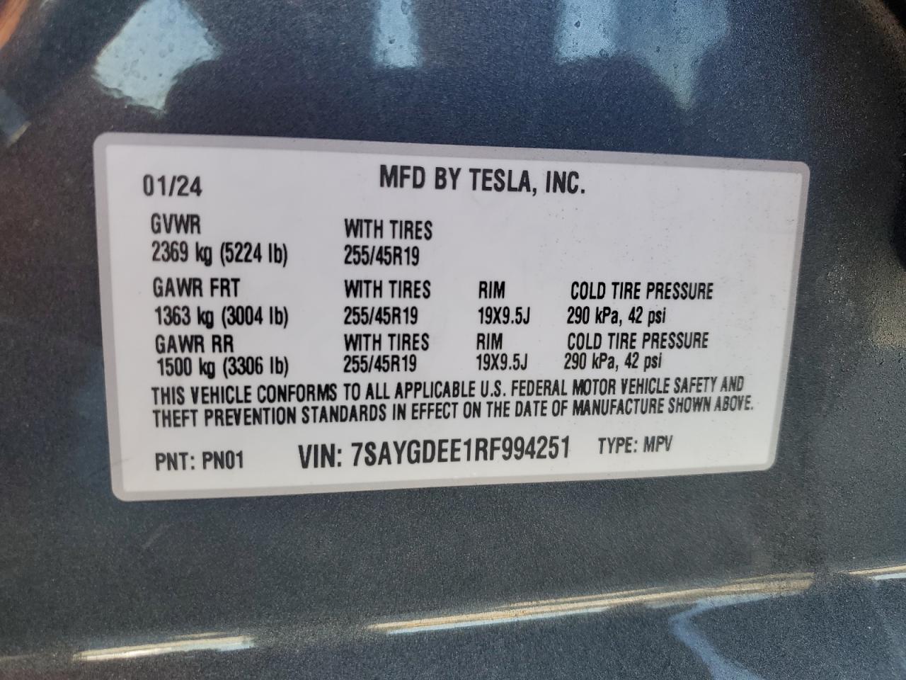 2024 TESLA MODEL Y  VIN:7SAYGDEE1RF994251