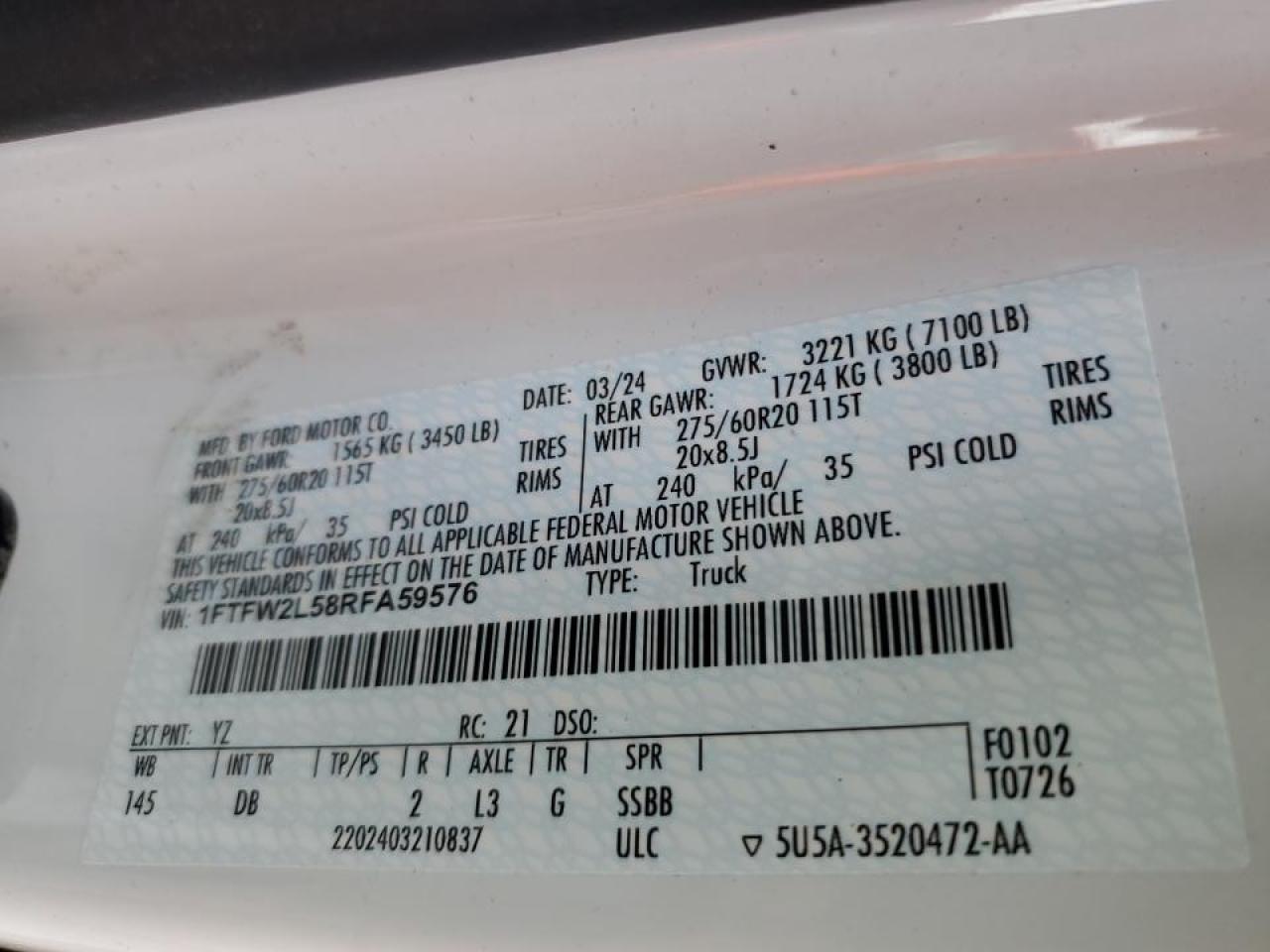 2024 FORD F150 STX VIN:1FTFW2L58RFA59576