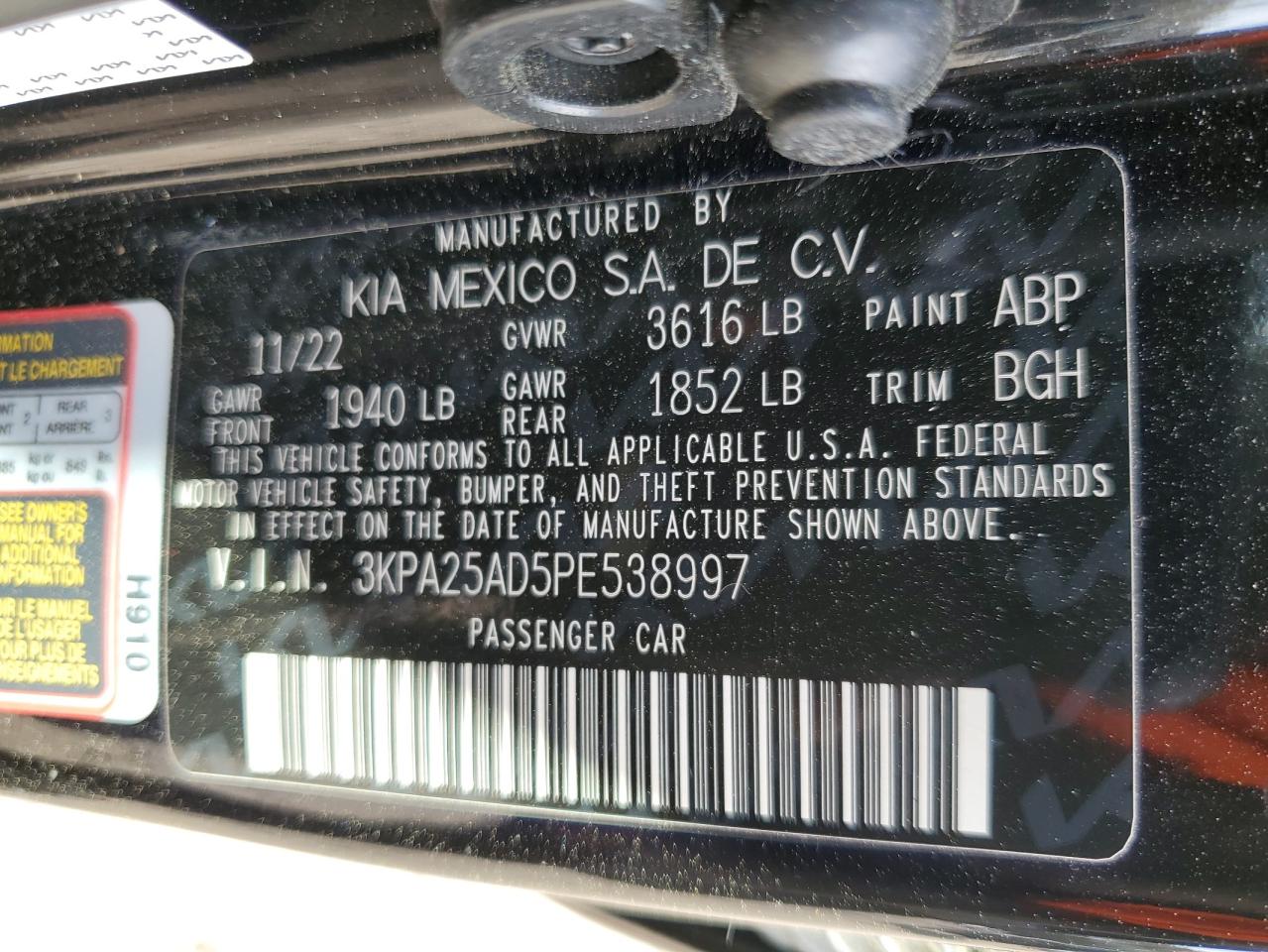 2023 KIA RIO S VIN:3KPA25AD5PE538997