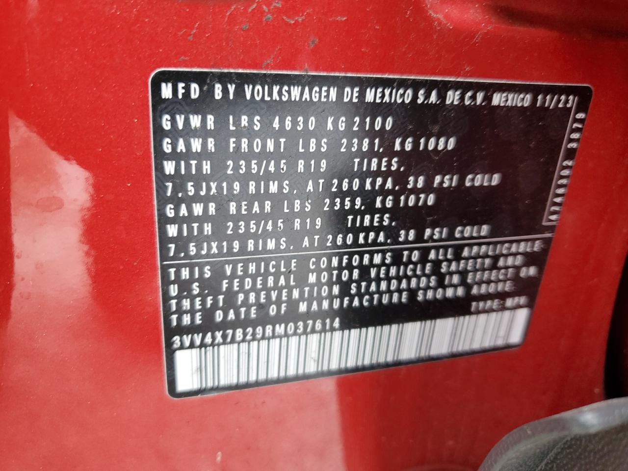 2024 VOLKSWAGEN TAOS SEL VIN:3VV4X7B29RM037614