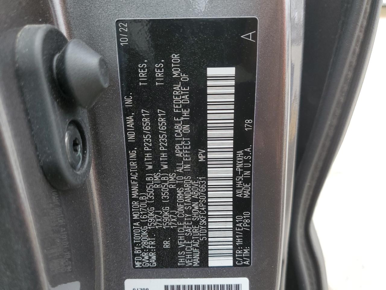 2023 TOYOTA SIENNA XLE VIN:5TDYSKFC4PS076631