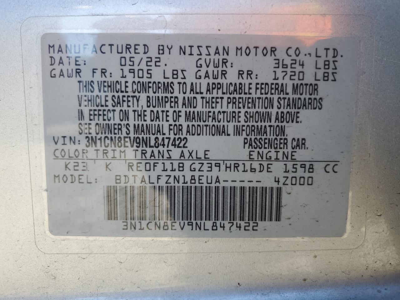 2022 NISSAN VERSA SV VIN:3N1CN8EV9NL847422