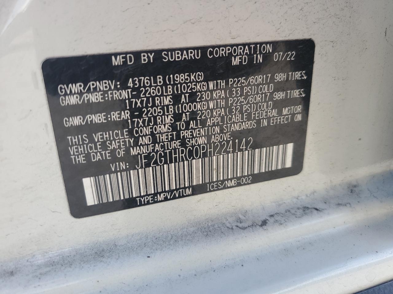 2023 SUBARU CROSSTREK SPORT VIN:JF2GTHRC0PH224142