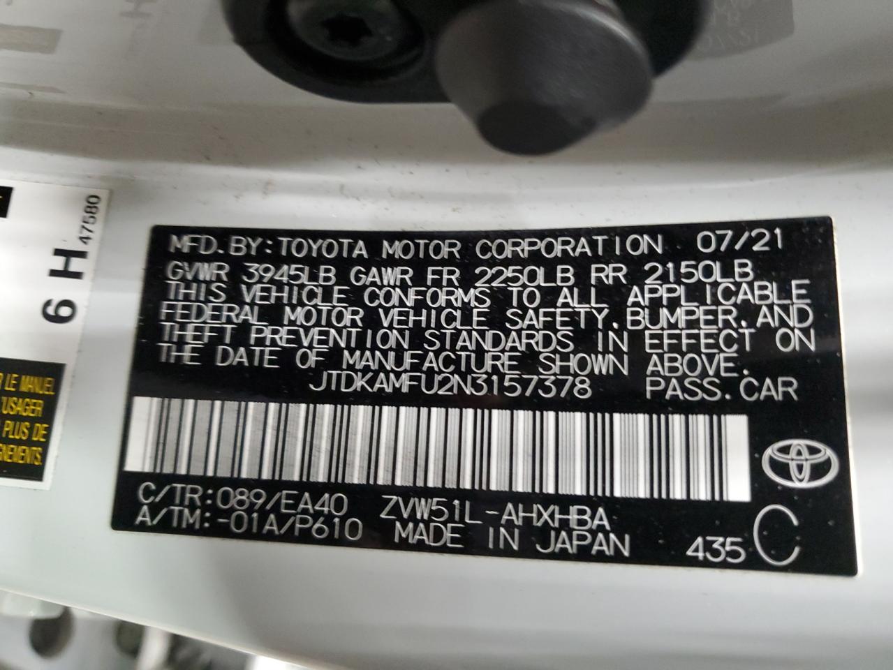 2022 TOYOTA PRIUS NIGHT SHADE VIN:JTDKAMFU2N3157378