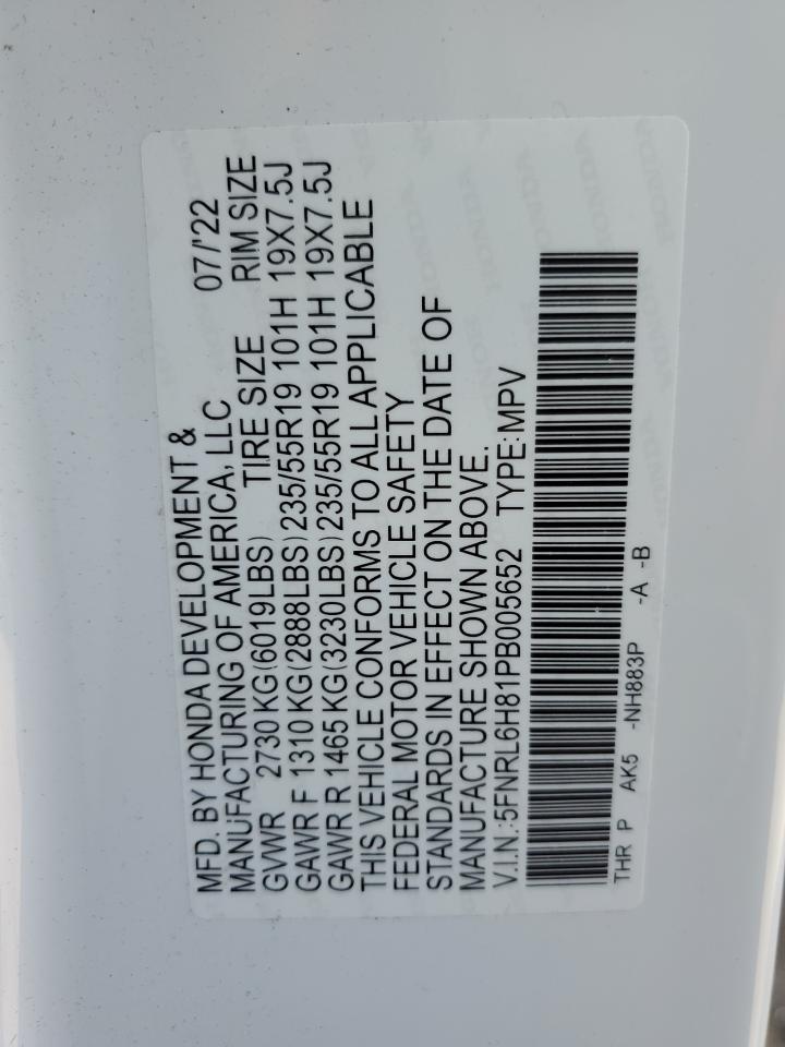 2023 HONDA ODYSSEY TOURING VIN:5FNRL6H81PB005652