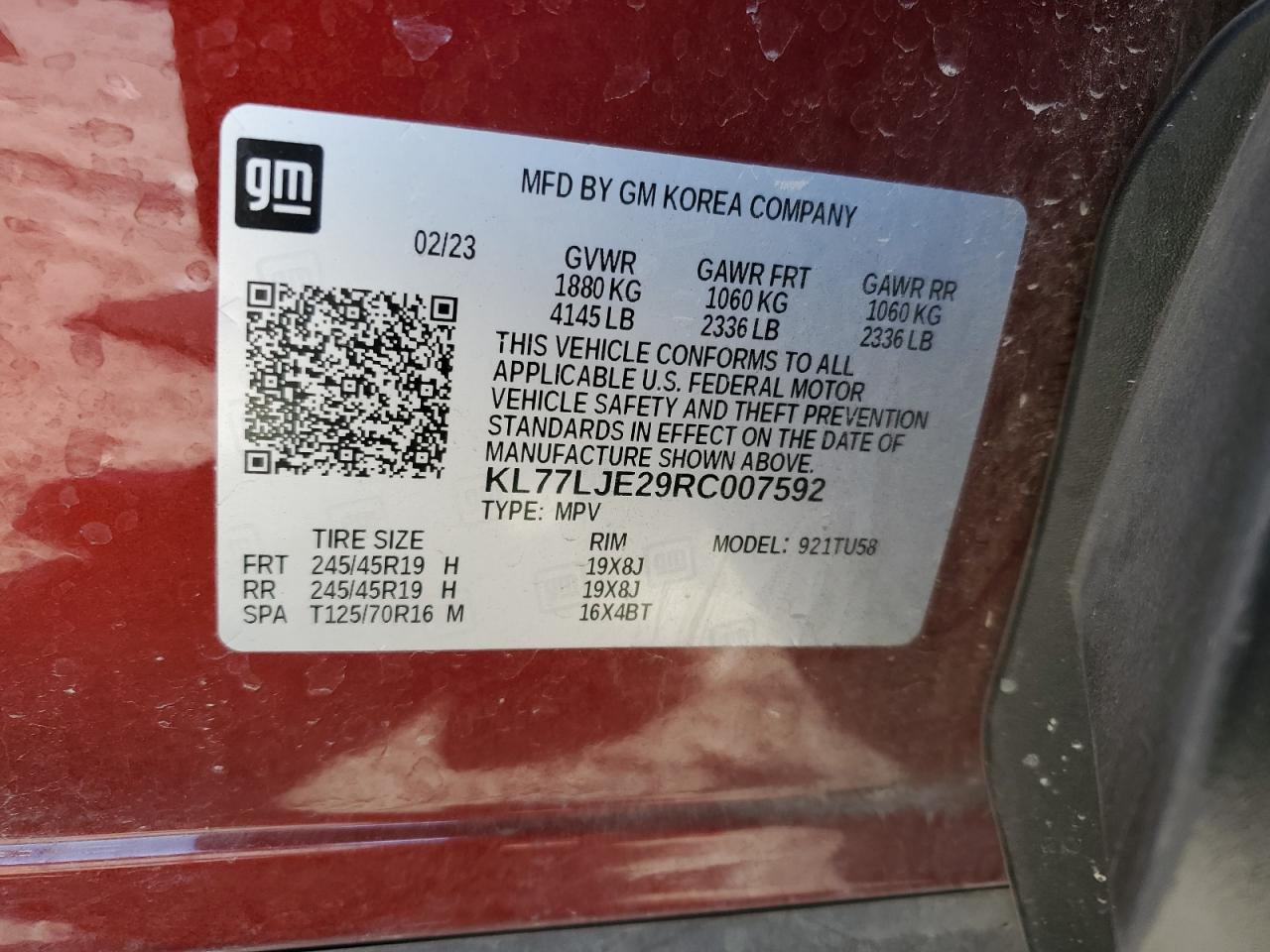 2024 CHEVROLET TRAX 2RS VIN:KL77LJE29RC007592