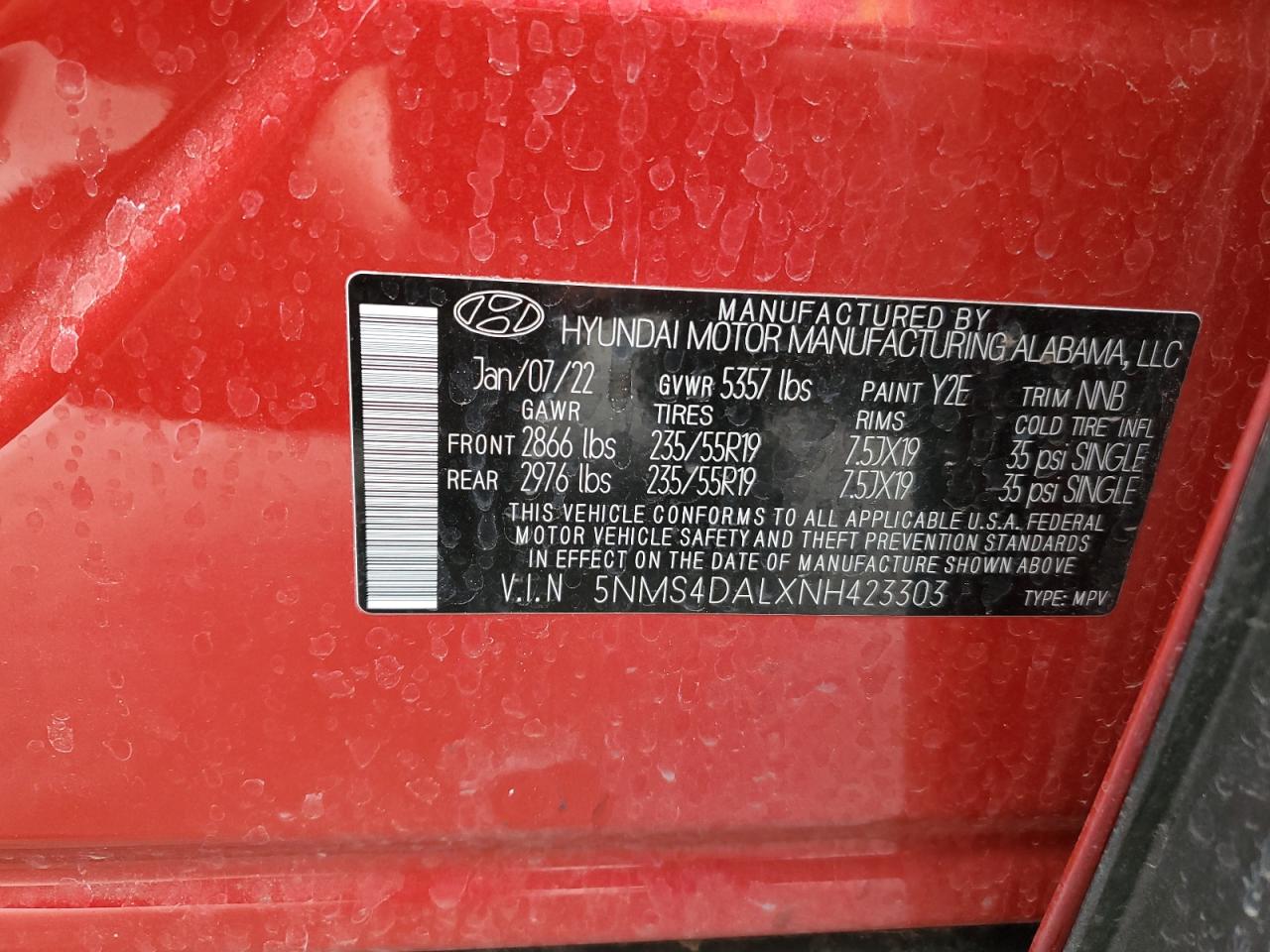 2022 HYUNDAI SANTA FE LIMITED VIN:5NMS4DALXNH423303