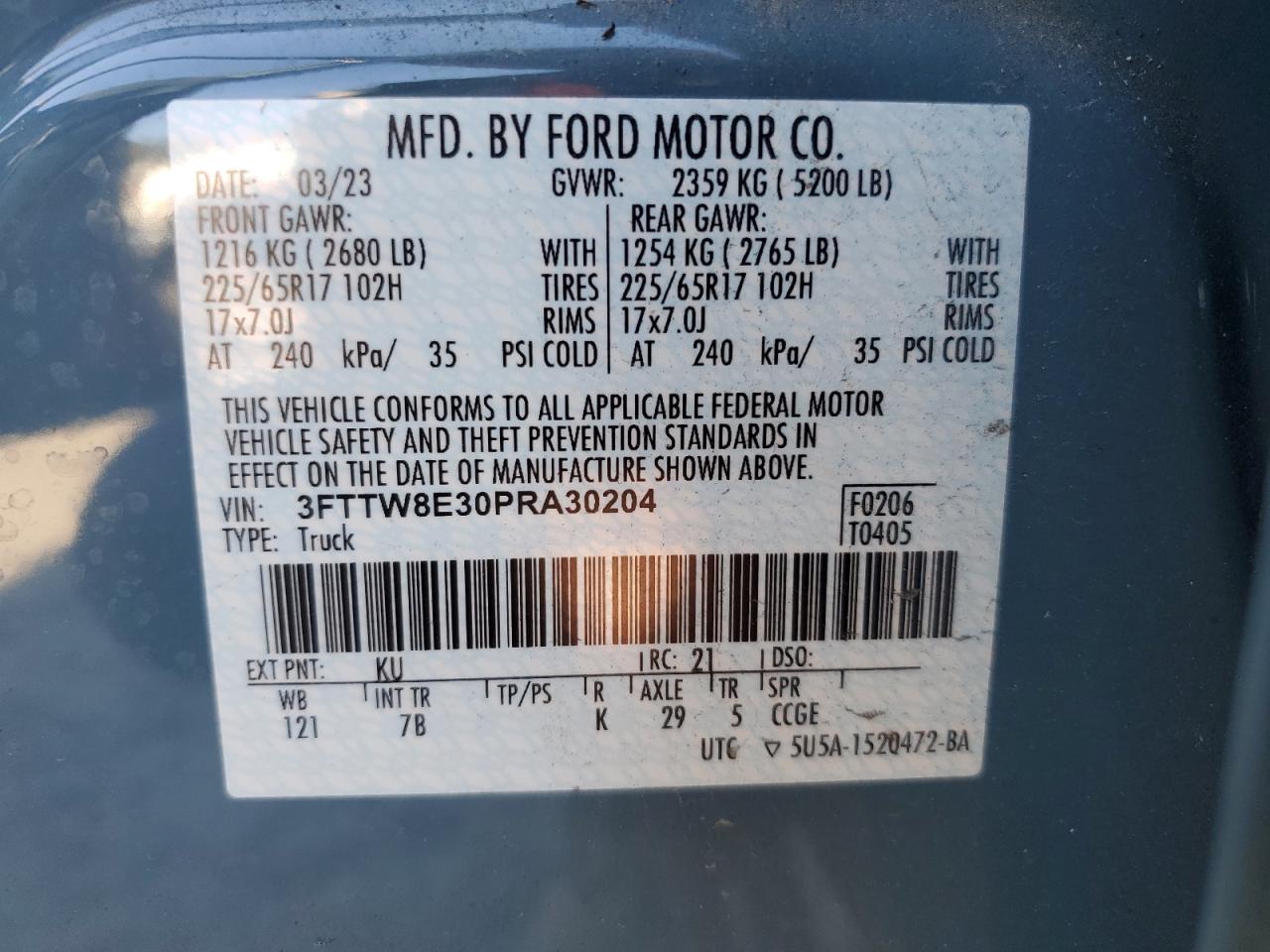 2023 FORD MAVERICK XL VIN:3FTTW8E30PRA30204