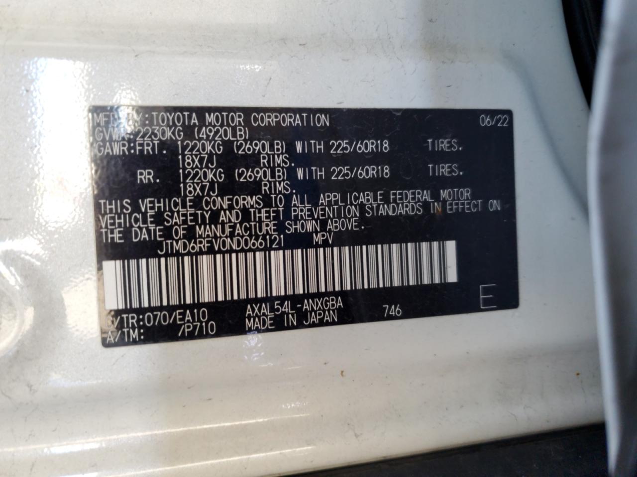 2022 TOYOTA RAV4 LIMITED VIN:JTMD6RFV0ND066121