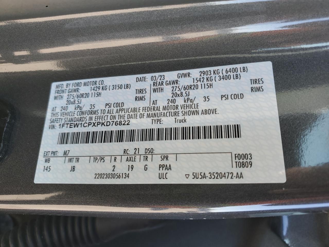 2023 FORD F150 SUPERCREW VIN:1FTEW1CPXPKD76822