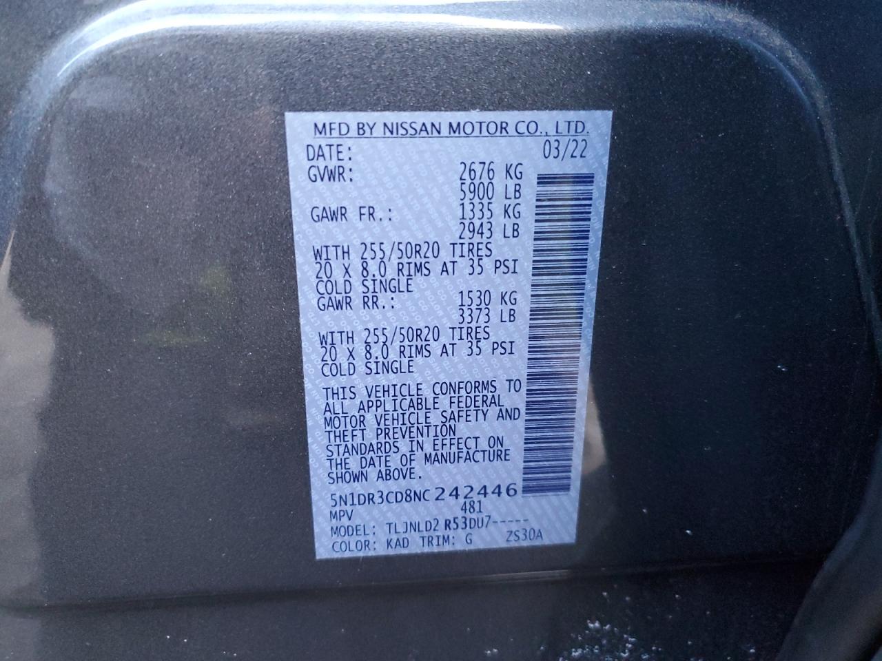 2022 NISSAN PATHFINDER SL VIN:5N1DR3CD8NC242446