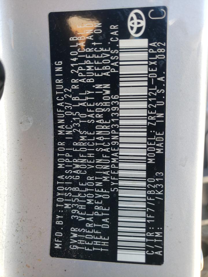 2022 TOYOTA COROLLA LE VIN:5YFEPMAE9NP313936