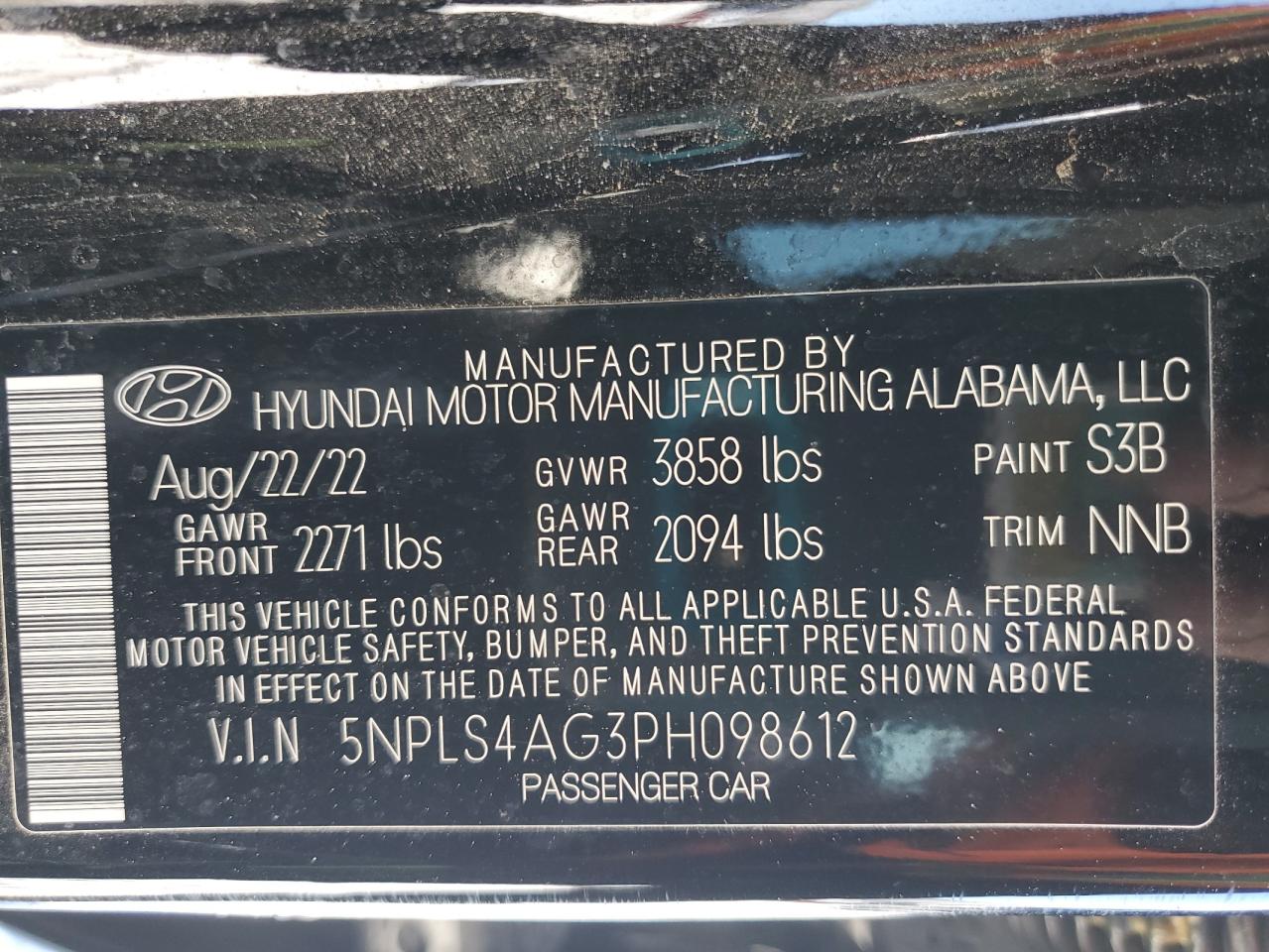 2023 HYUNDAI ELANTRA SEL VIN:5NPLS4AG3PH098612