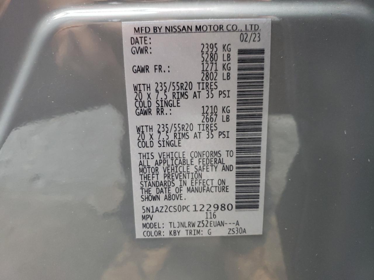 2023 NISSAN MURANO SL VIN:5N1AZ2CS0PC122980