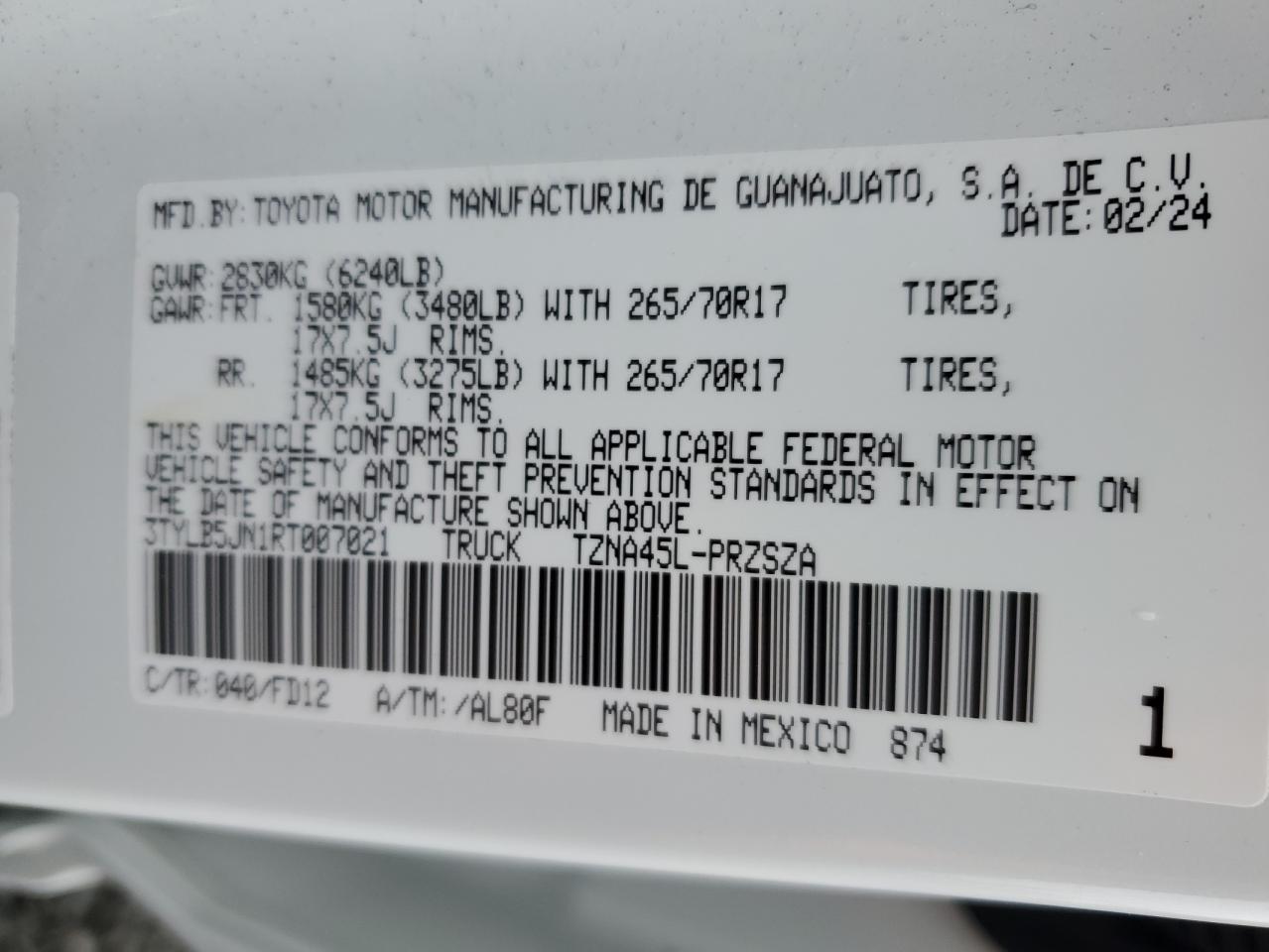 2024 TOYOTA TACOMA DOUBLE CAB VIN:3TYLB5JN1RT007021