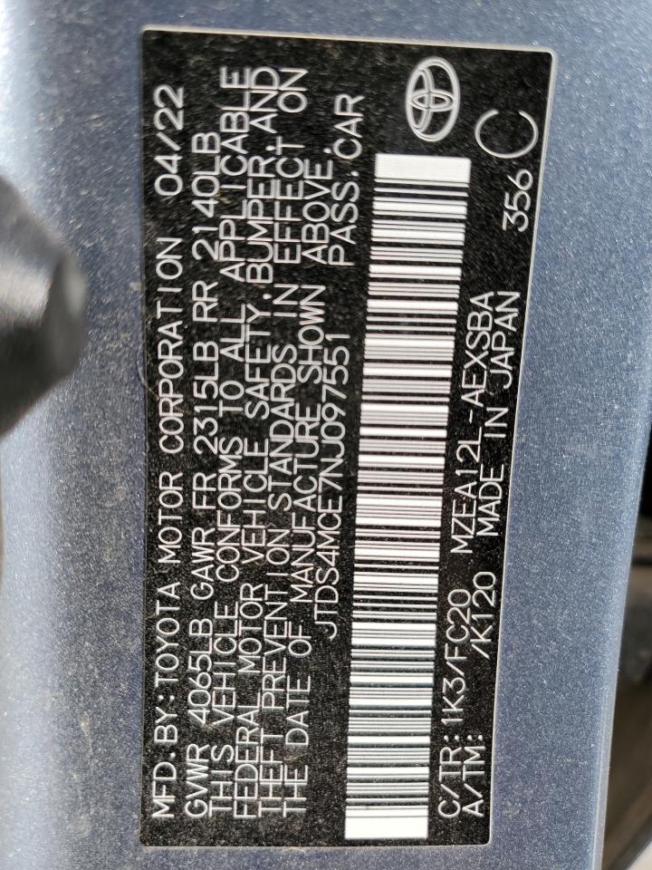 2022 TOYOTA COROLLA SE VIN:JTDS4MCE7NJ097551