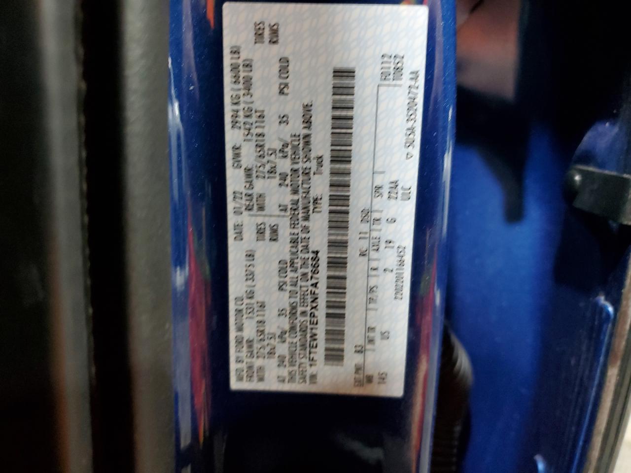 2022 FORD F150 SUPERCREW VIN:1FTEW1EPXNFA76684