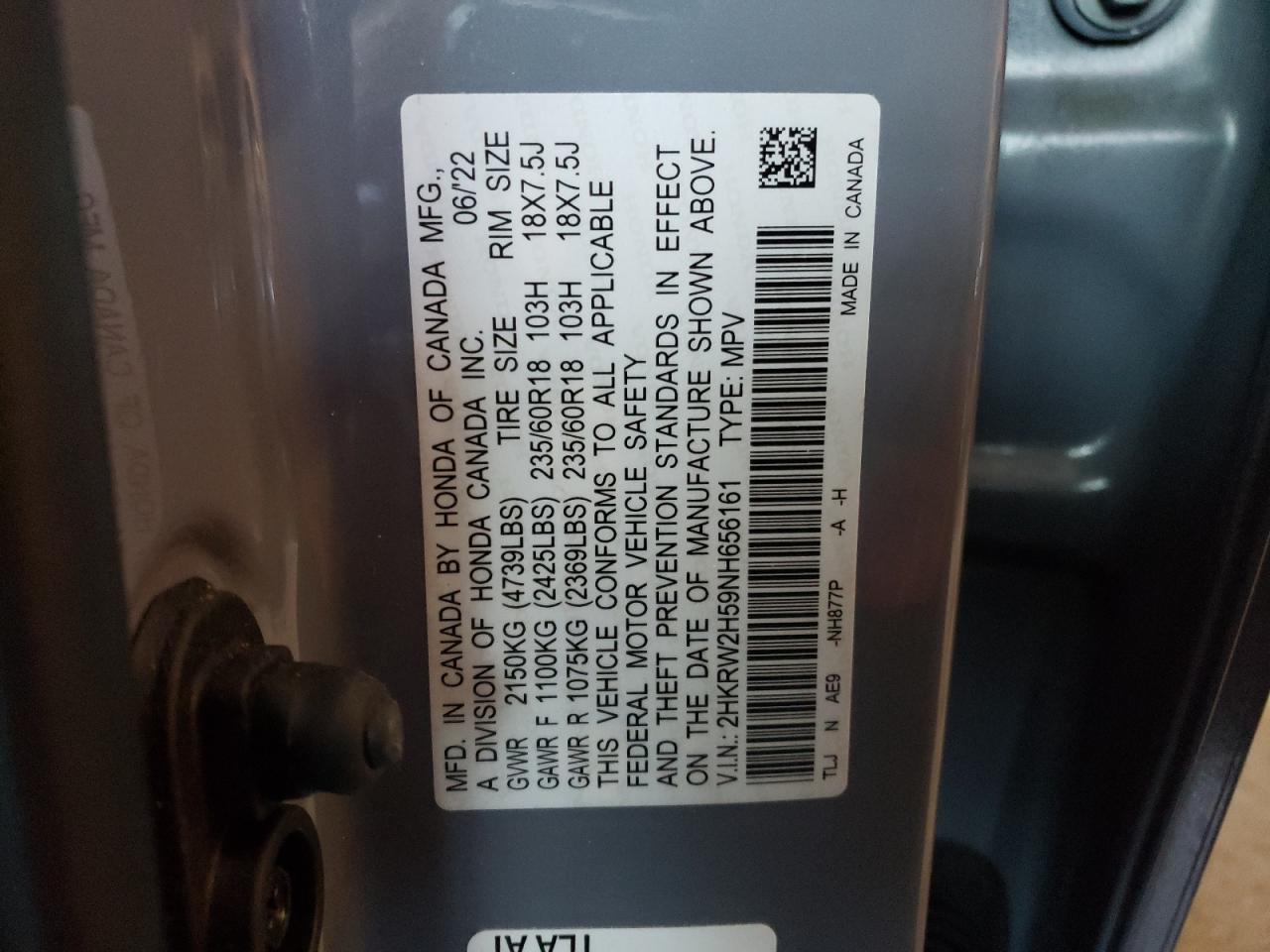 2022 HONDA CR-V EX VIN:2HKRW2H59NH656161
