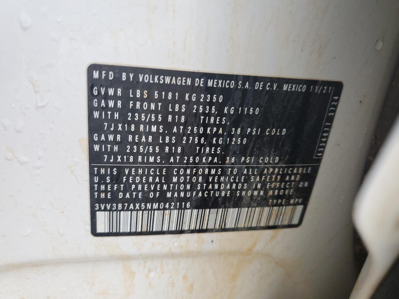 2022 VOLKSWAGEN TIGUAN SE VIN:3VV3B7AX5NM042116