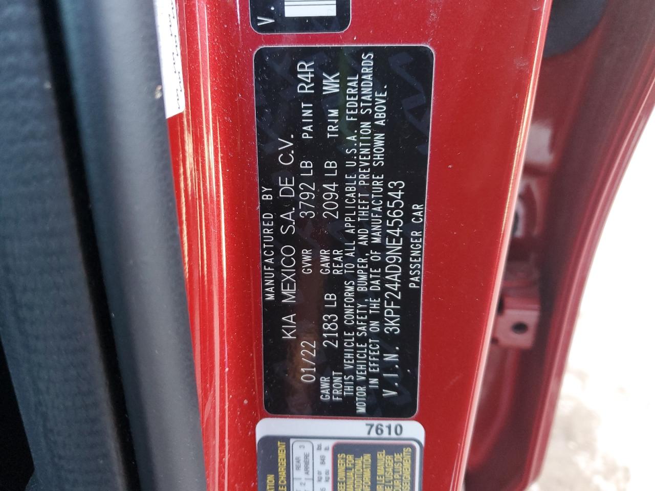 2022 KIA FORTE FE VIN:3KPF24AD9NE456543