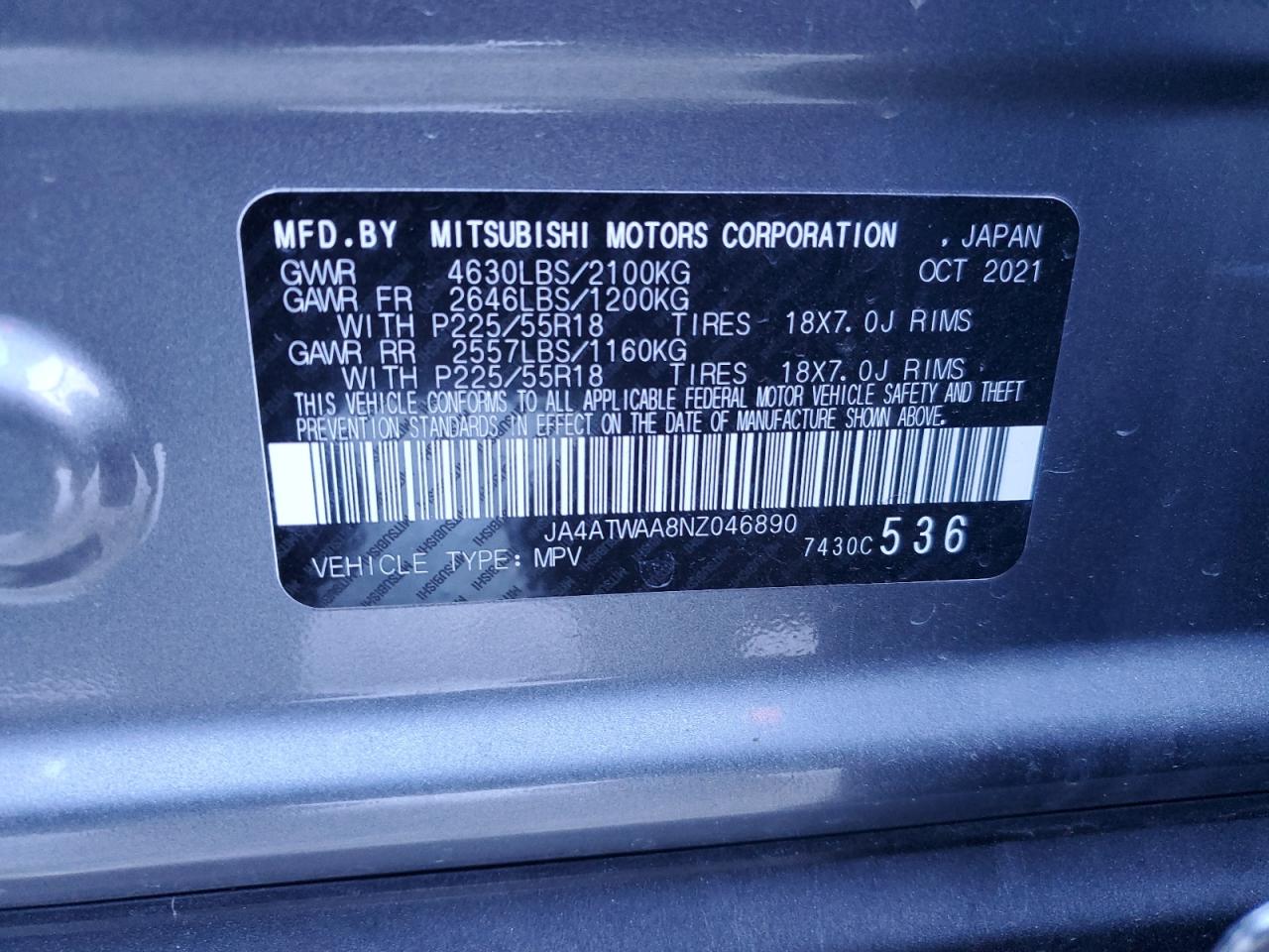 2022 MITSUBISHI ECLIPSE CROSS SE VIN:JA4ATWAA8NZ046890