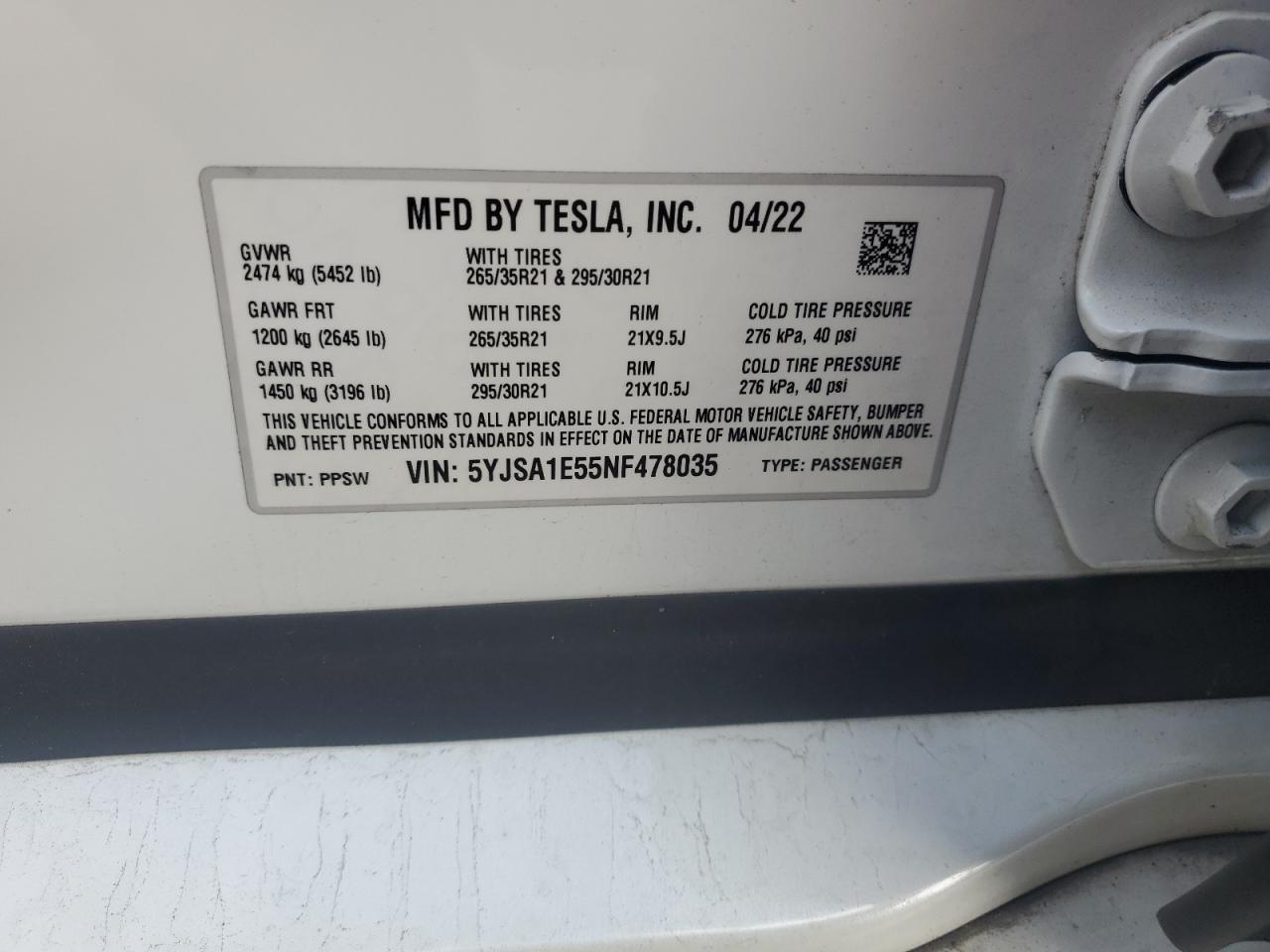 2022 TESLA MODEL S  VIN:5YJSA1E55NF478035