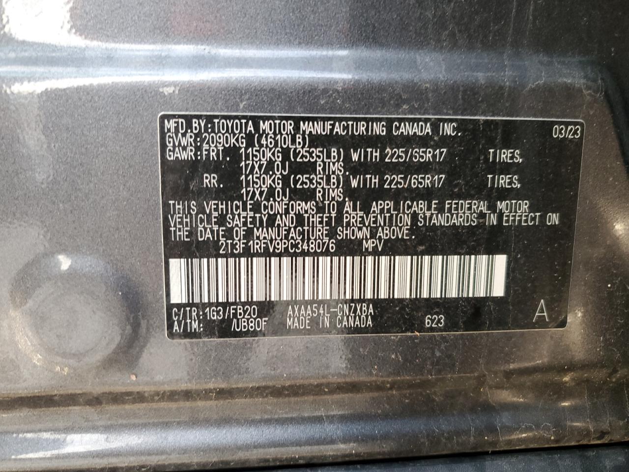 2023 TOYOTA RAV4 LE VIN:2T3F1RFV9PC348076