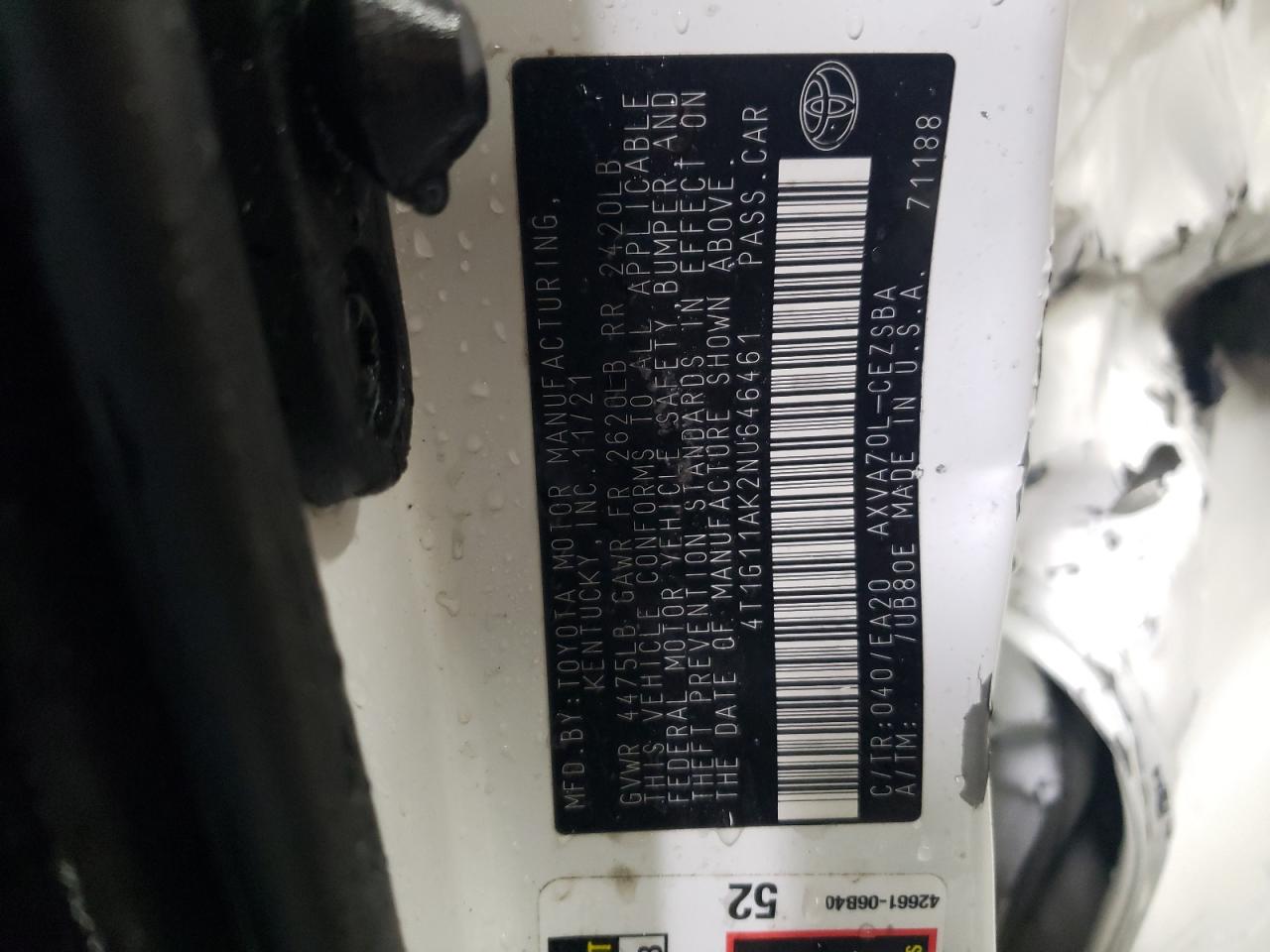 2022 TOYOTA CAMRY SE VIN:4T1G11AK2NU646461