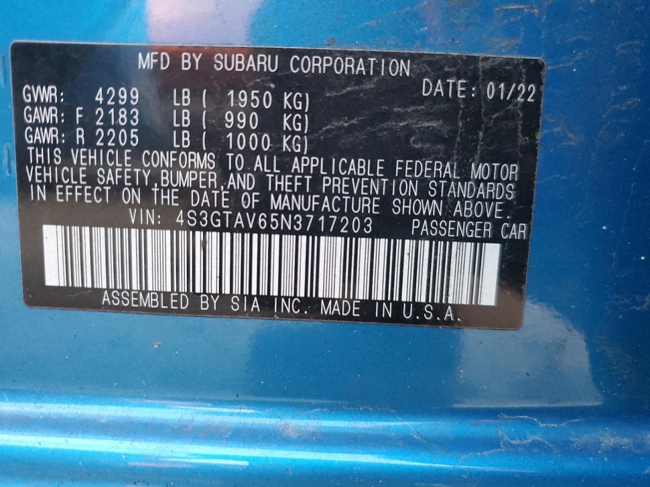 2022 SUBARU IMPREZA PREMIUM VIN:4S3GTAV65N3717203