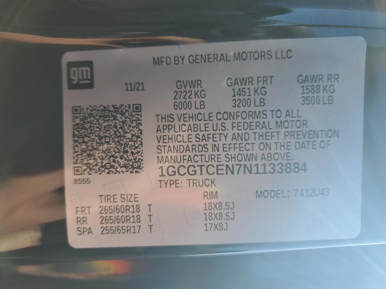 2022 CHEVROLET COLORADO LT VIN:1GCGTCEN7N1133884