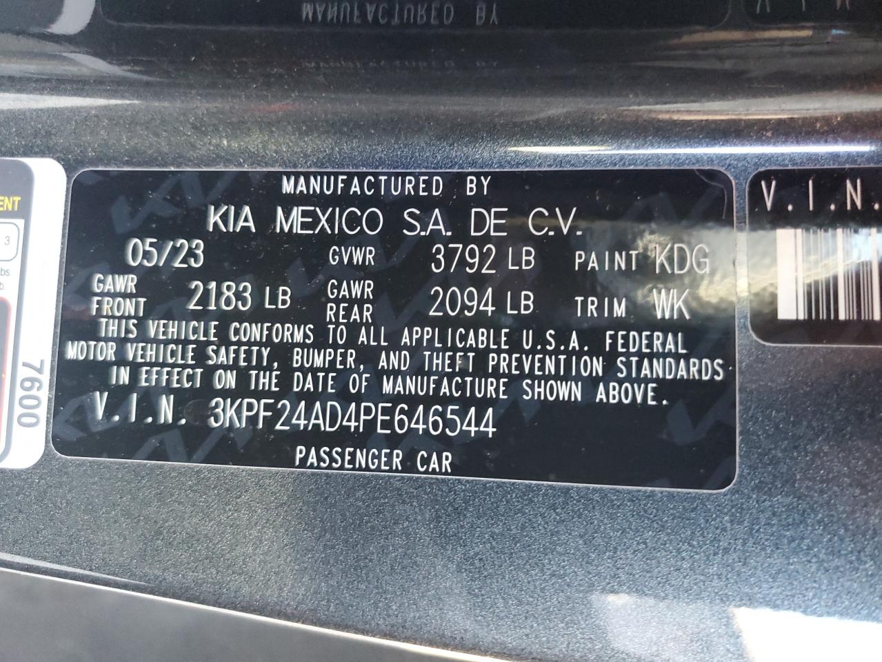 2023 KIA FORTE LX VIN:3KPF24AD4PE646544