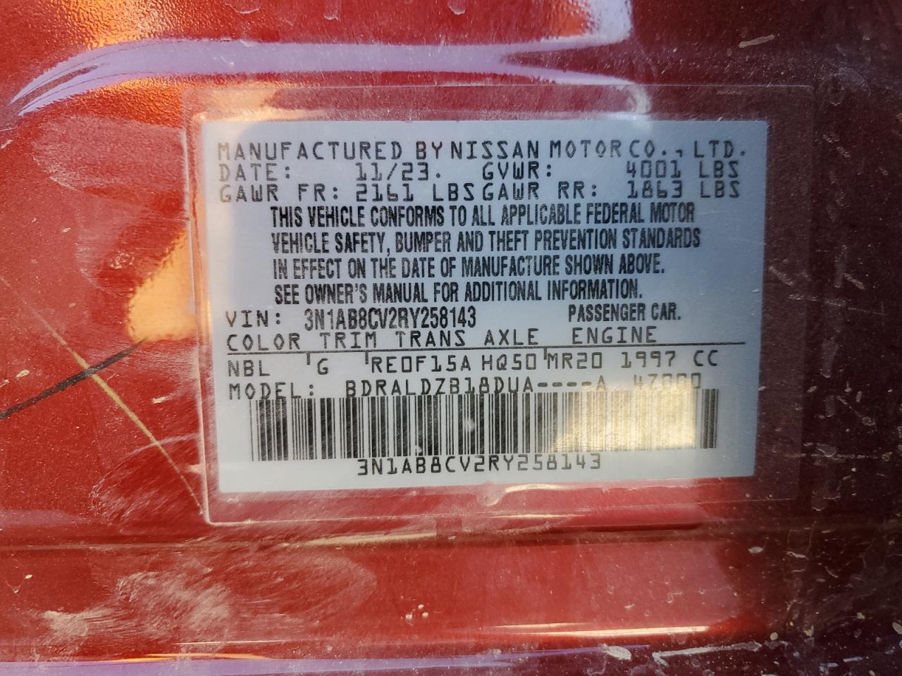 2024 NISSAN SENTRA SV VIN:3N1AB8CV2RY258143